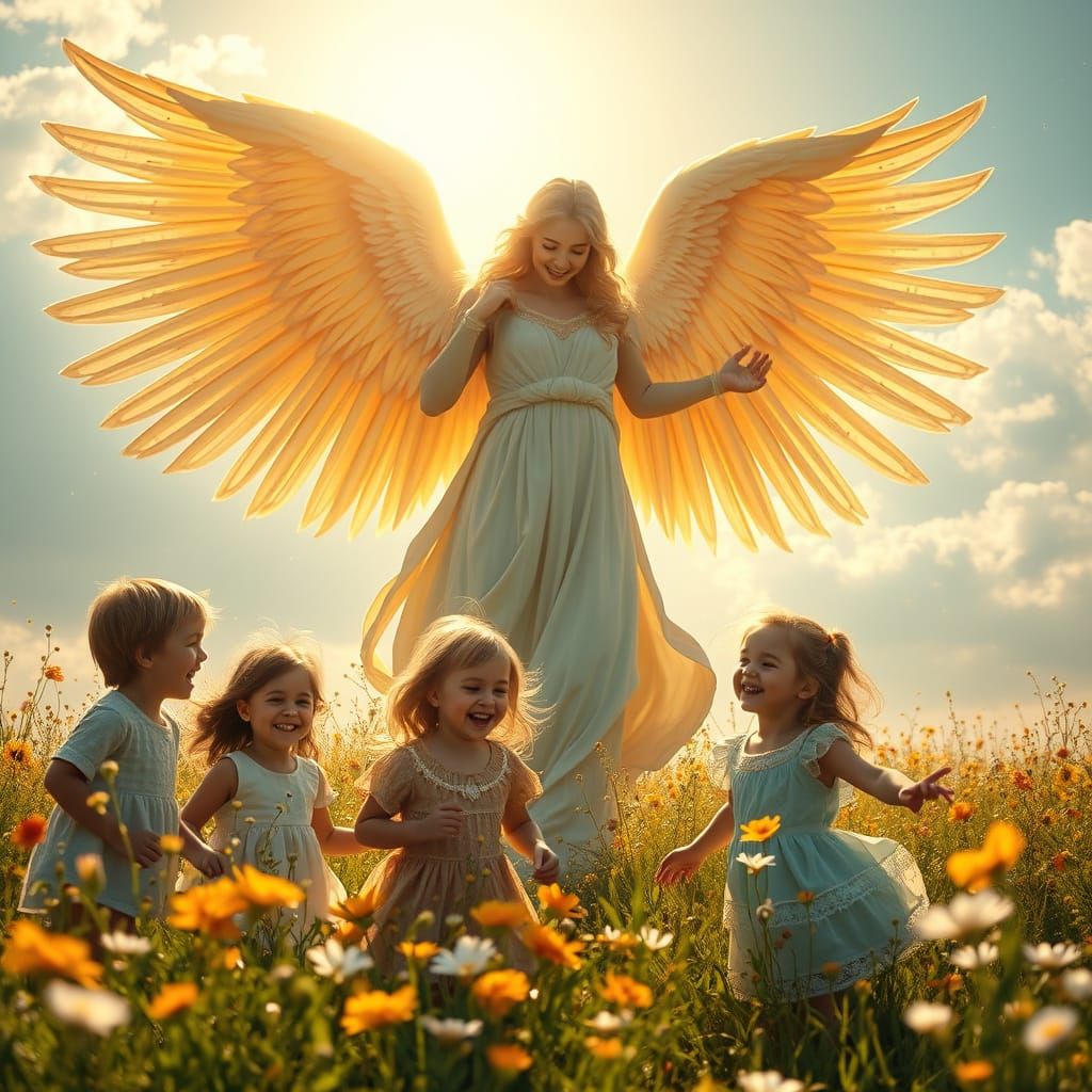 Archangel Ariel Protecting Children in Ethereal Meadow