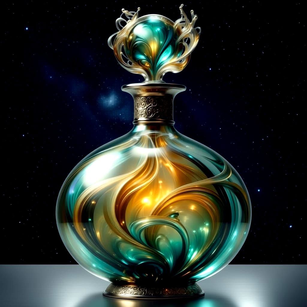 Art Nouveau Bottle Filled with Gold and Teal Smoke