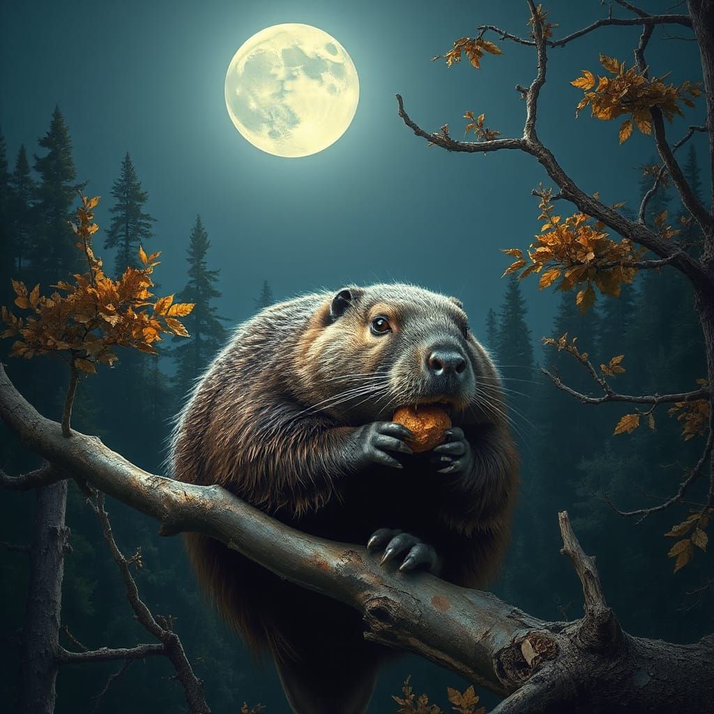 Beaver Moon Over Autumn Forest Digital Painting
