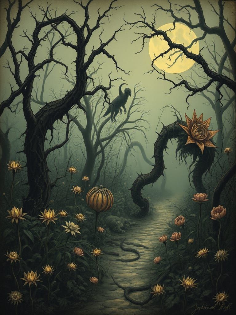 Eerie Supernatural Garden in Dark Etching Style