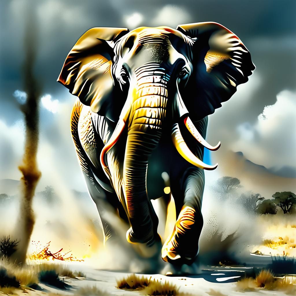 Charging Elephant in Savannah with Motion Blur