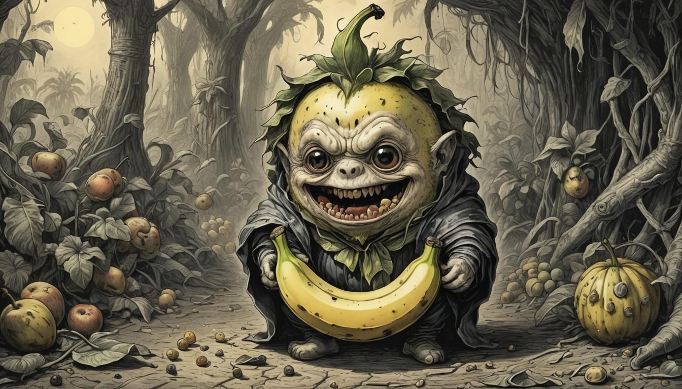 Surprised Chibi Banana in Horror Style