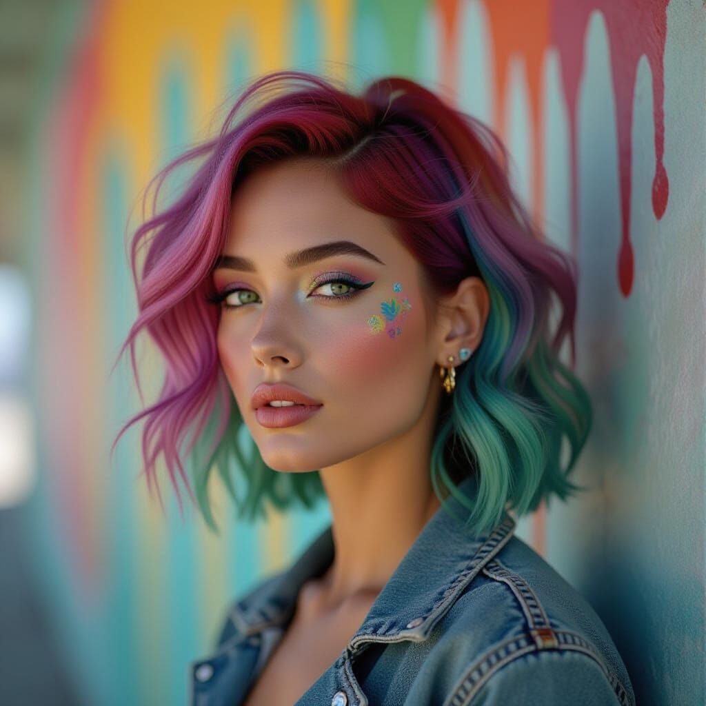 Kaleidoscopic Woman Portrait with Vibrant Drip Background