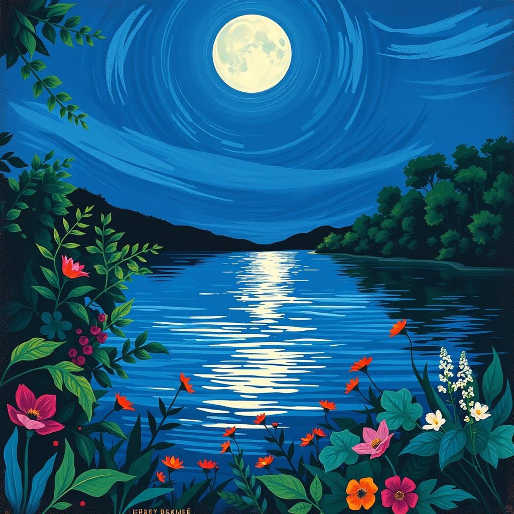 Matisse-Inspired Lake Scene Under Full Moon