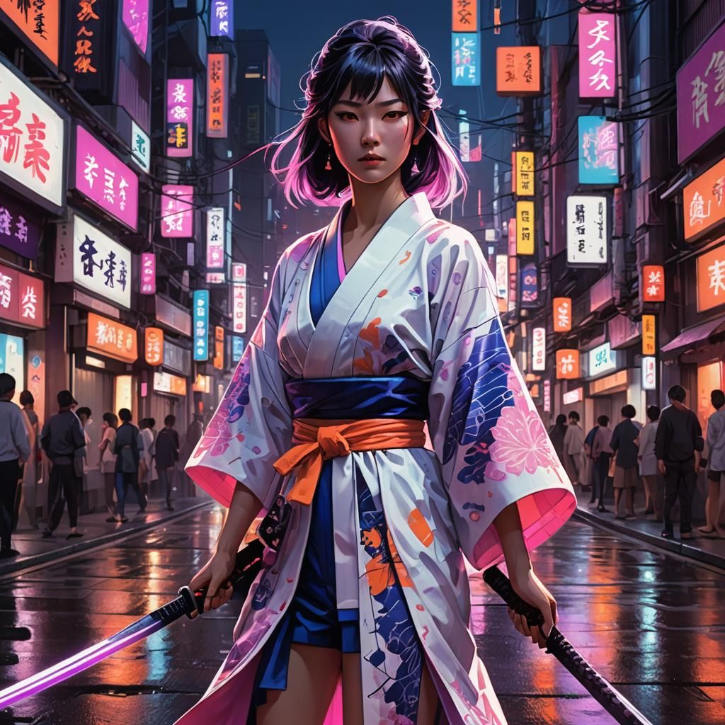 Samurai Woman in Neon Tokyo: Digital Concept Art