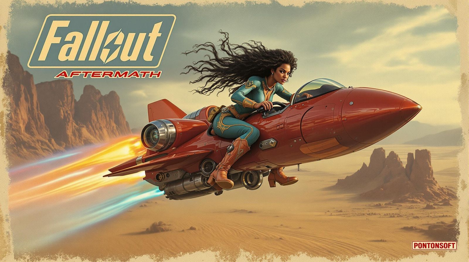 Retro-Futuristic Rocket Rider in Desert Skies