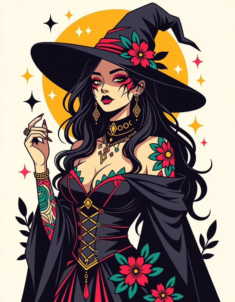 Mystical Witch with Flash Tattoo Art