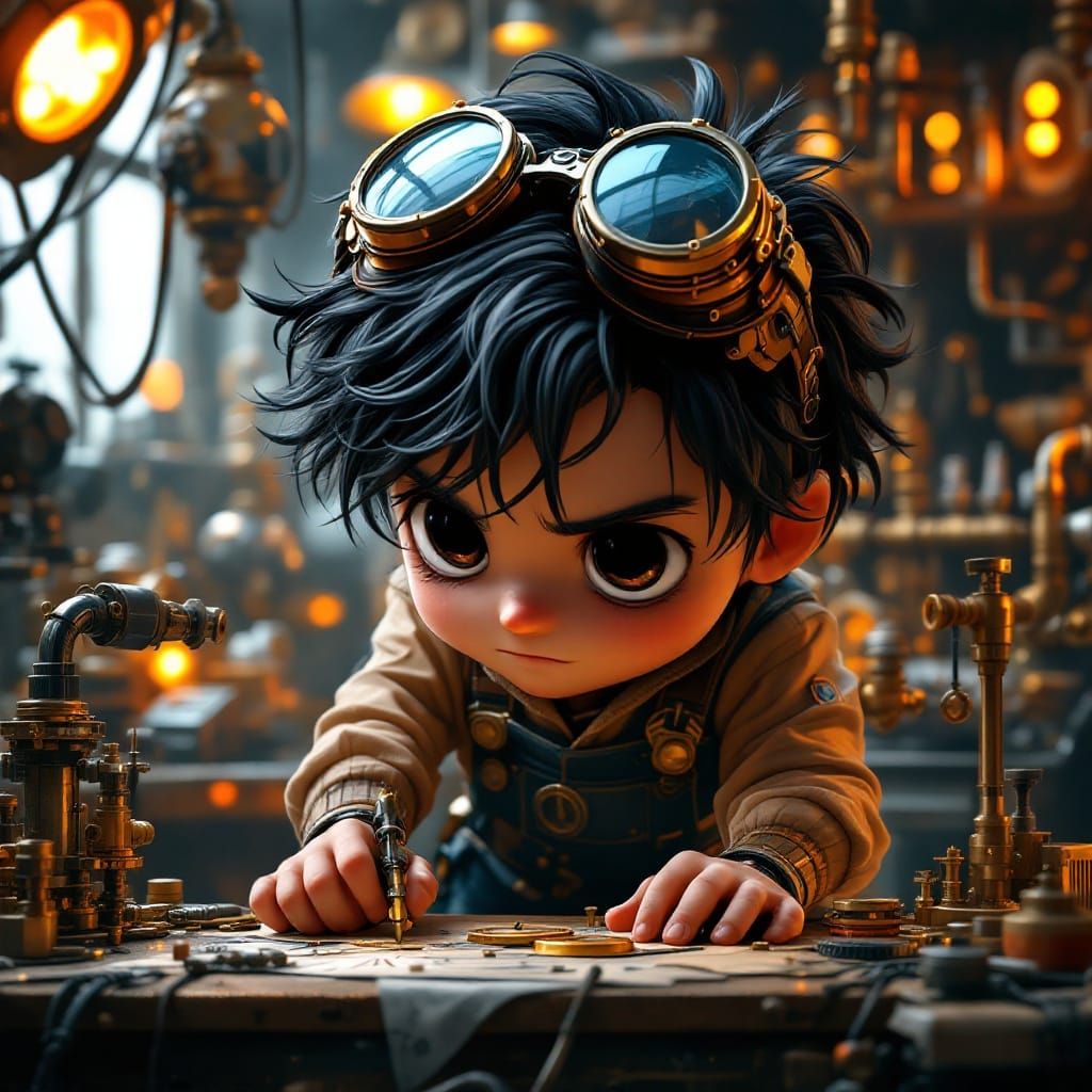 Steampunk Chibi Engineer in Whimsical Robot Laboratory