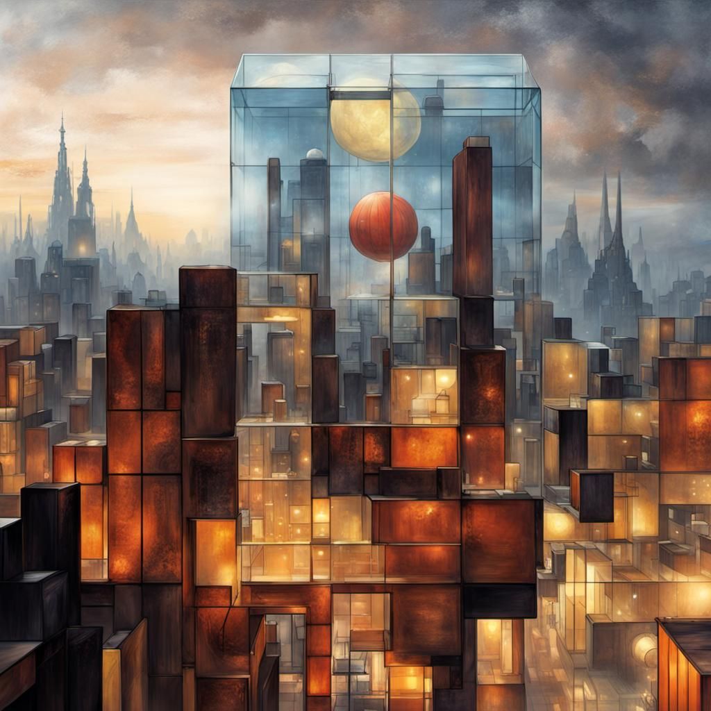 Futuristic Steampunk Glass City in a Cube