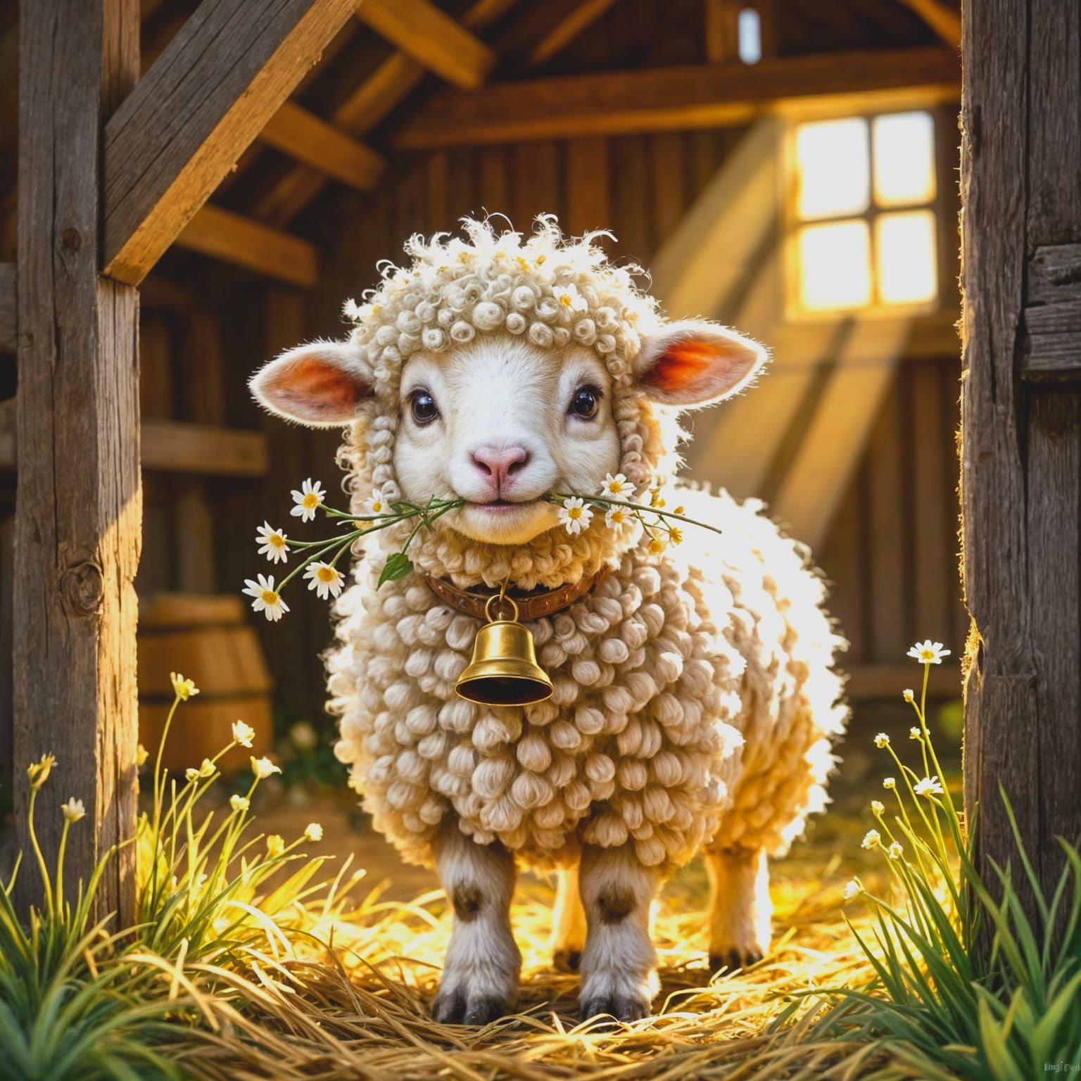 Sheep in Barn with Sunlight and Flower