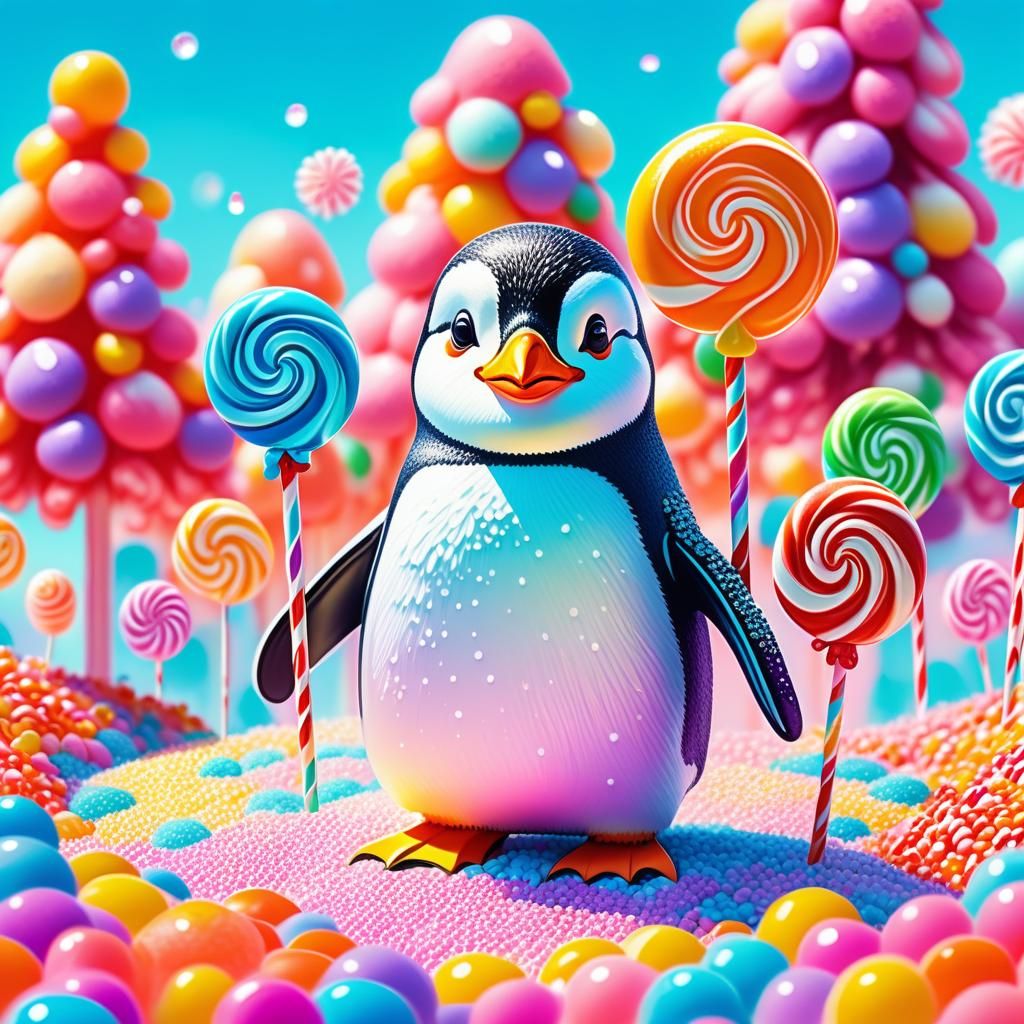 Candy Penguin in Candyland: Whimsical Gouache Illustration