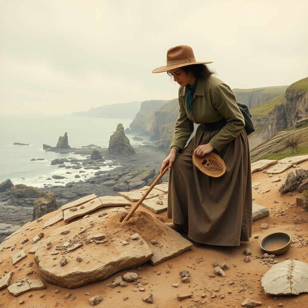 Fossil Hunter Amidst 19th Century Coastline, in Earthy Reali...