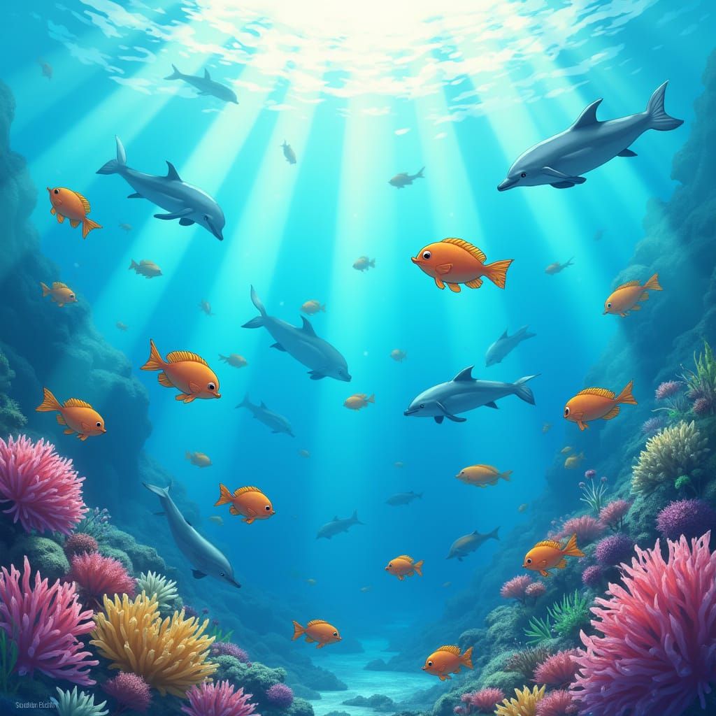 Whimsical Coral Reef Scene in Studio Ghibli Style