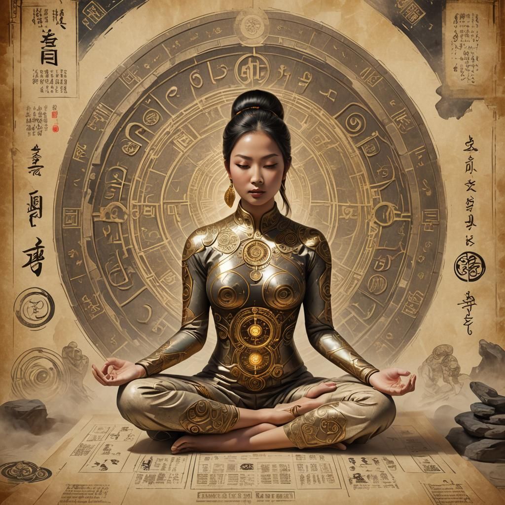 Meditating Asian Woman in Golden Quantum Art