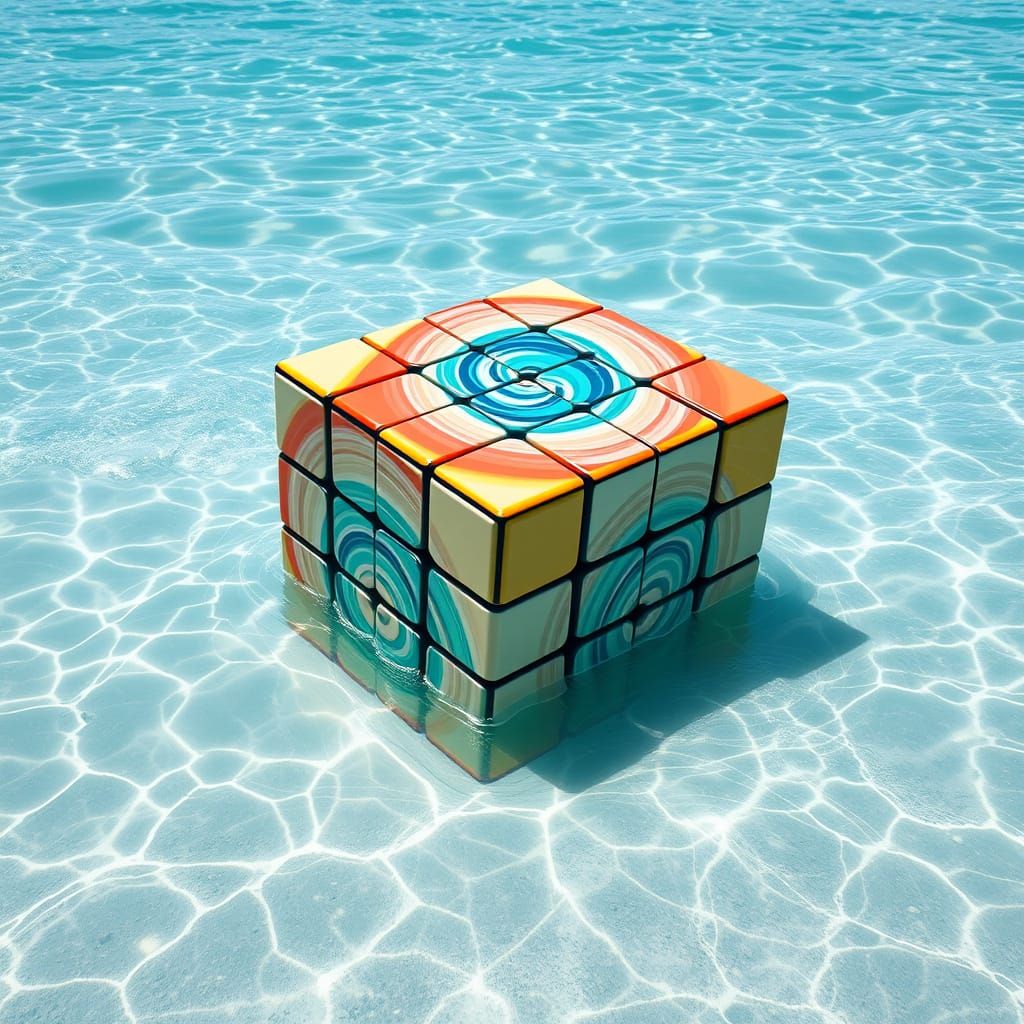 Solved Rubik's Cube Emerges from Turquoise Ocean Waves