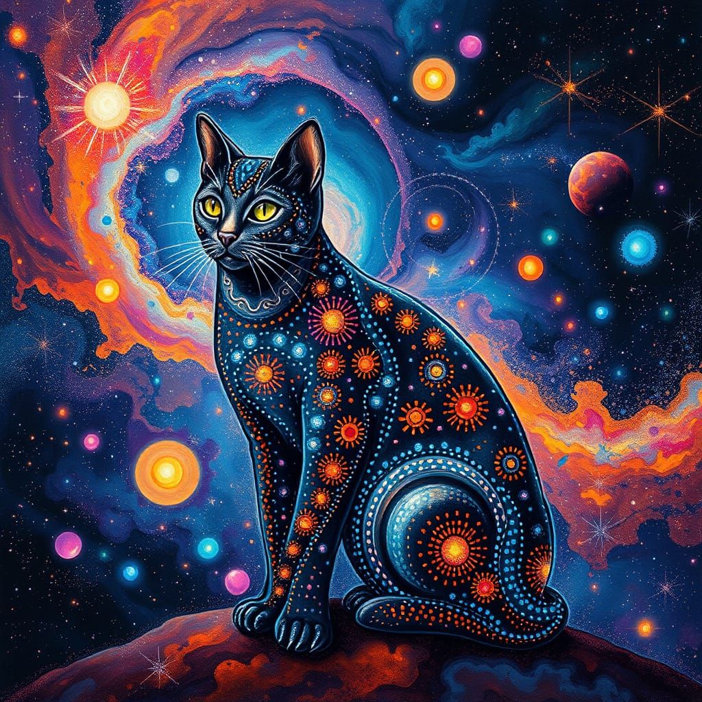 Aboriginal Art Cat in Cosmic Nebula