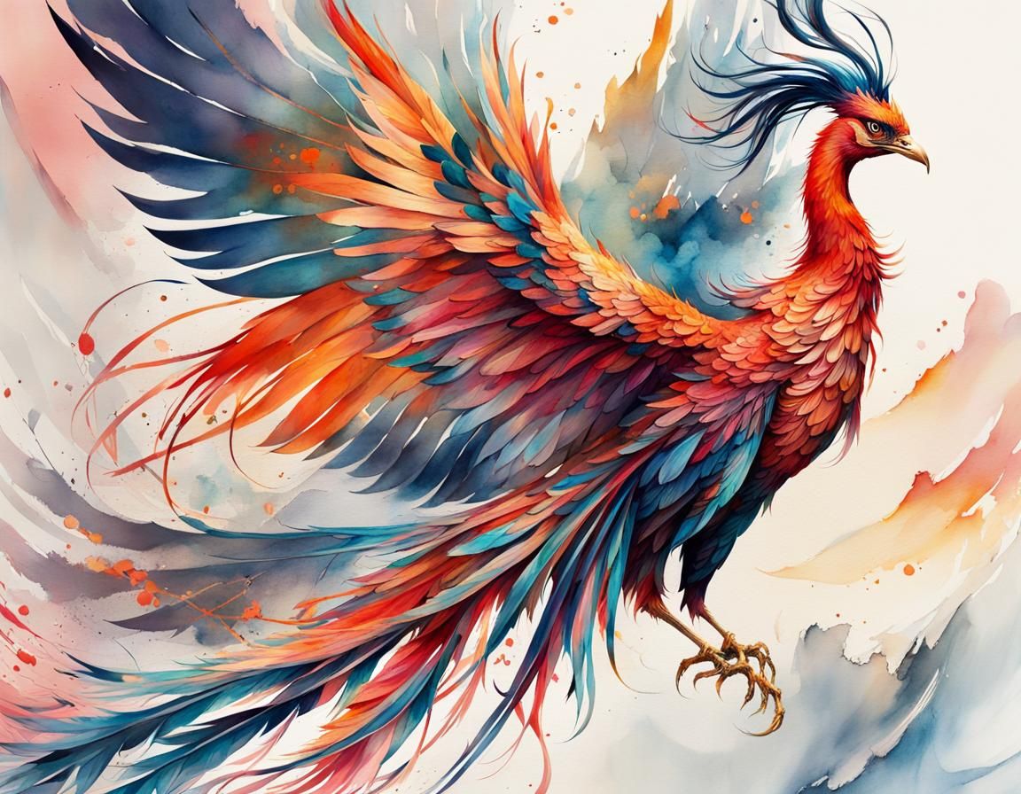 Stylized Chinese Phoenix Digital Watercolor Illustration