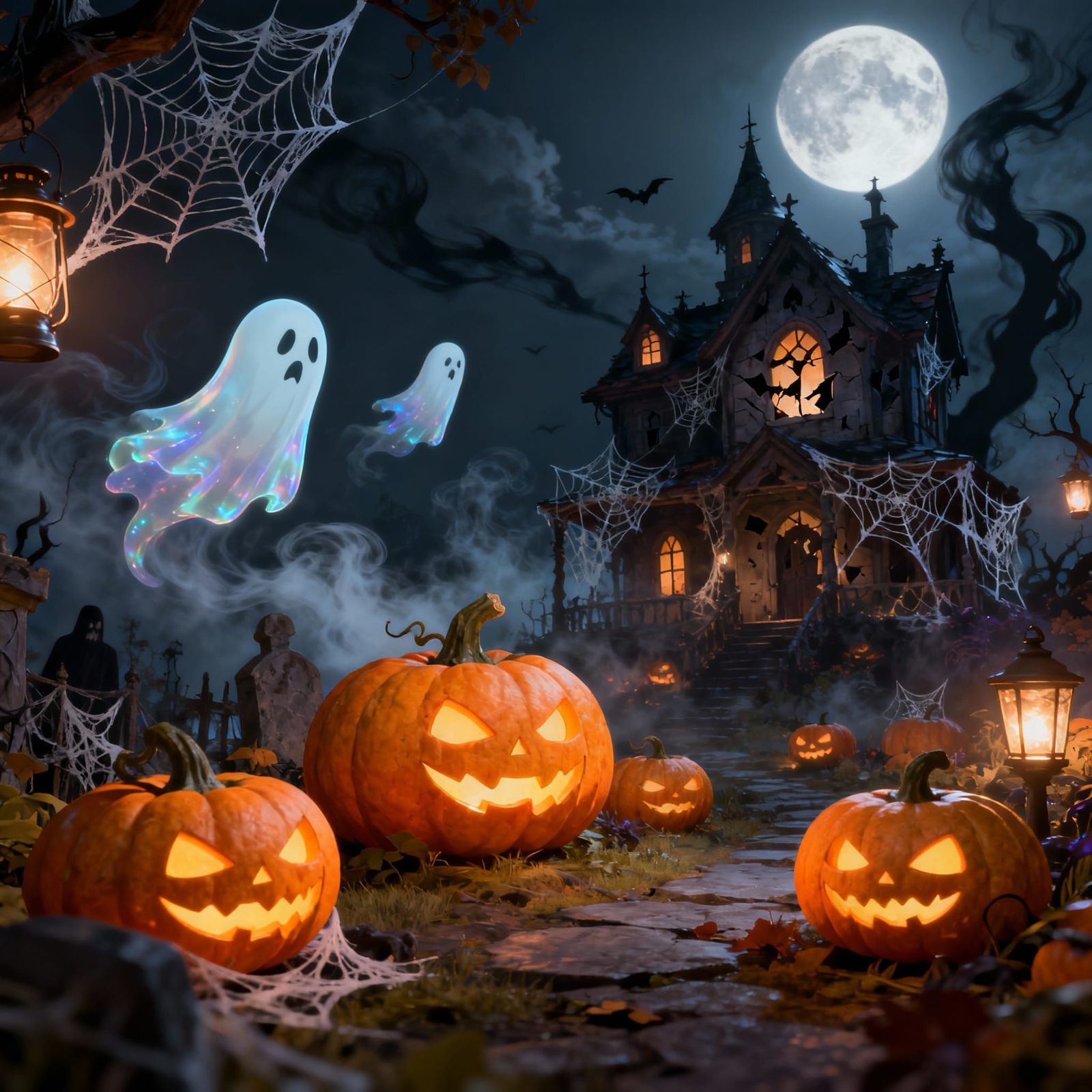 Spooky Halloween Scene in Detailed 3D Anime Art Style