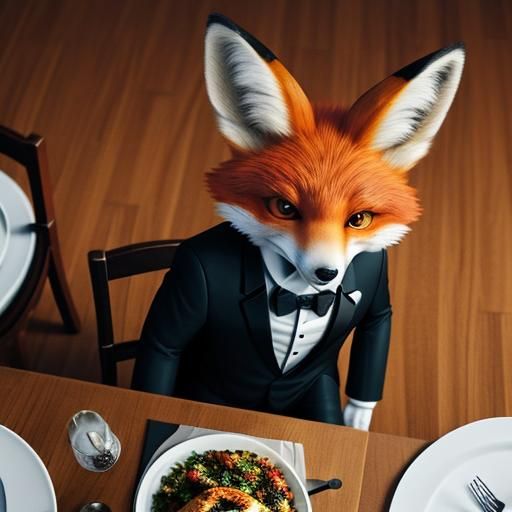 Fox in Tuxedo at Dinner: Aerial View