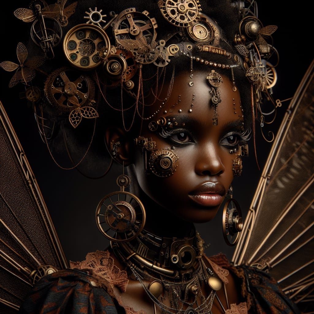 Steampunk African Fairy Portrait in Hyperrealistic 8k