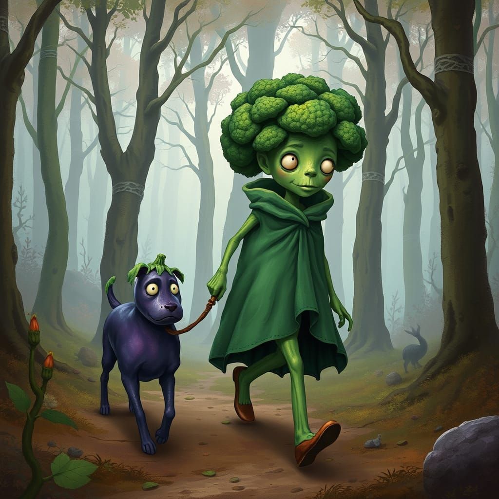Broccoli Person and Eggplant Dog in Whimsical Forest