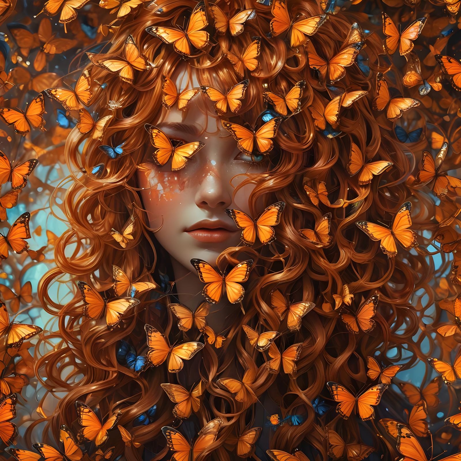 Orange Butterfly Wings in Curly Hair: Fantasy Art