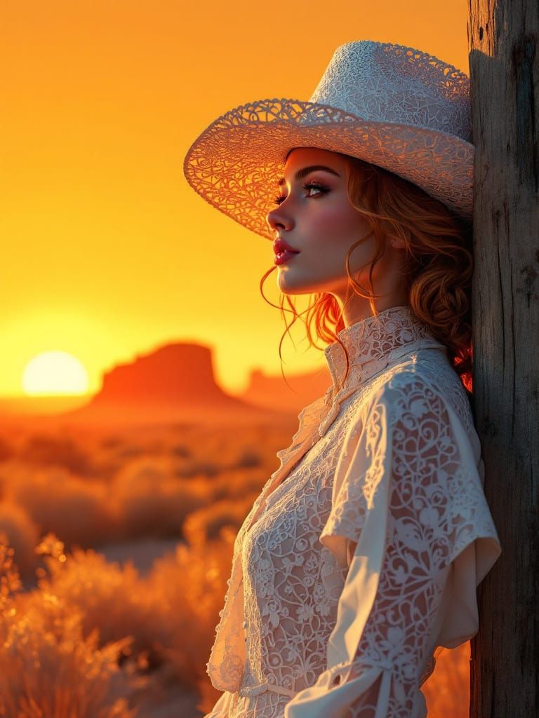 Cowgirl Resting in Desert Golden Hour Papercraft Style