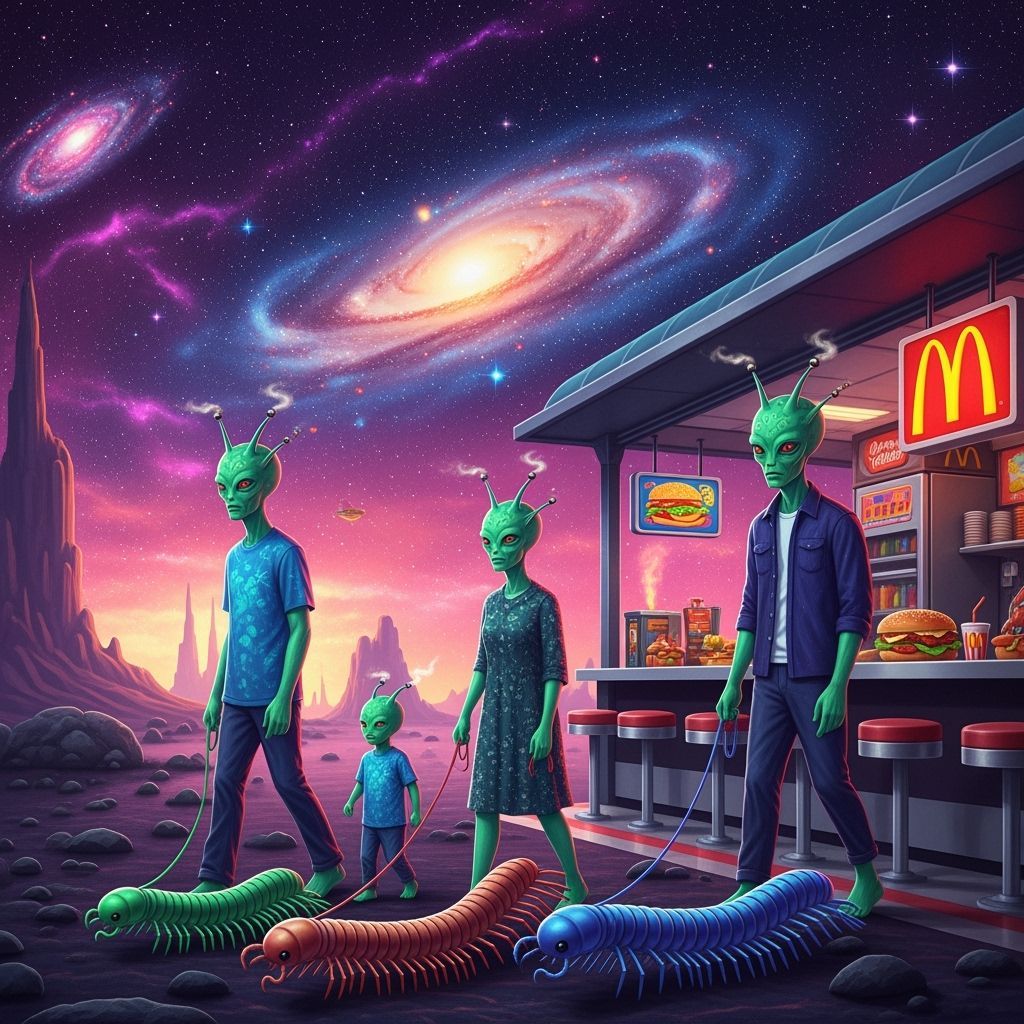 Alien Families Walk Pets in Futuristic Restaurant