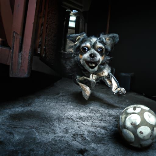 Dog Chasing Ball Portrait in Ambient Light
