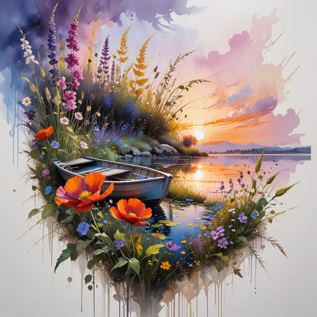 Golden Hour Riverbank with Rowboat in Painterly Realism