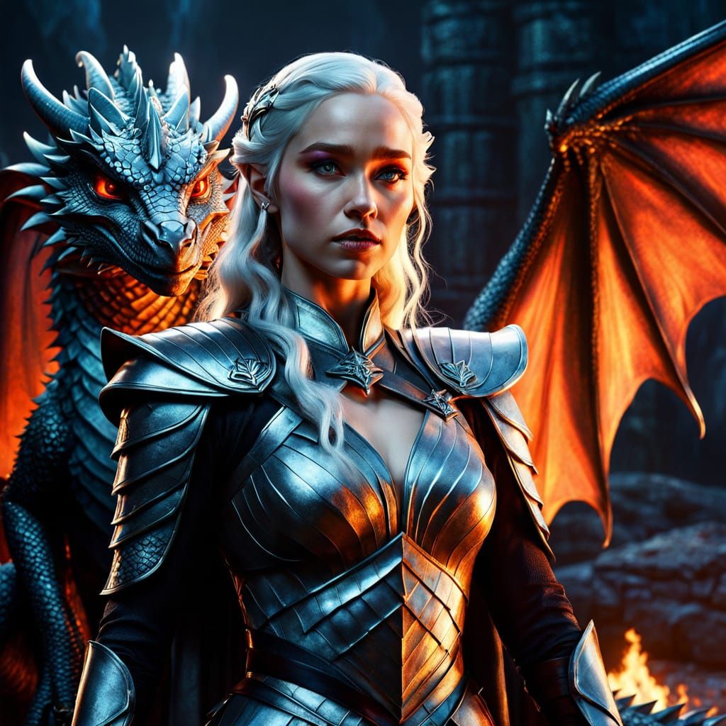 Regal Daenerys Targaryen Surrounded by Majestic Dragons