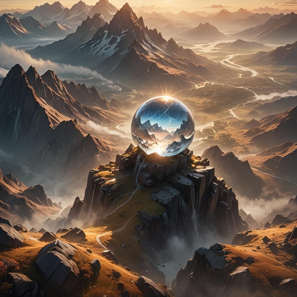 Ethereal Crystal Earth Sphere Over Misty Landscape