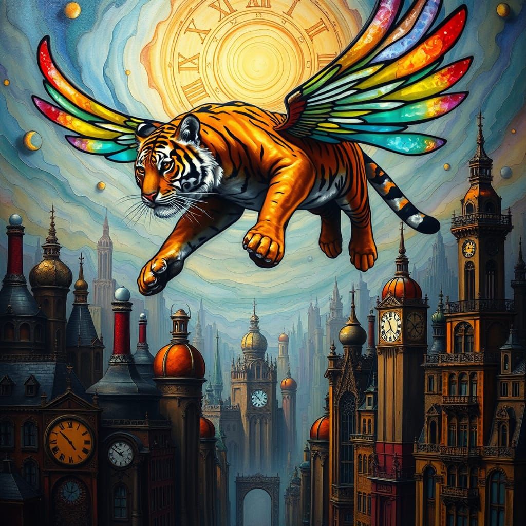 Surreal Flying Tiger Dreamscape in Dali Style