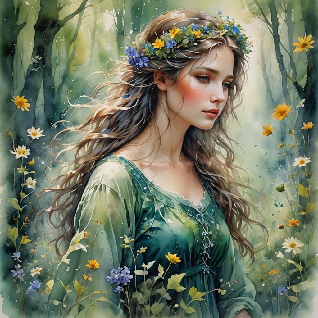 Magical Forest Woman: A Watercolor Masterpiece