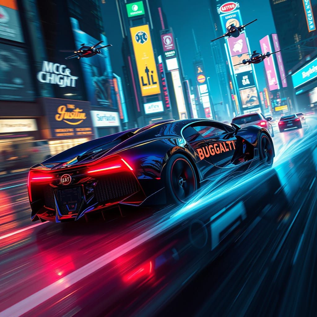 Futuristic Bugatti Speeds Through Neon Cityscape at Night