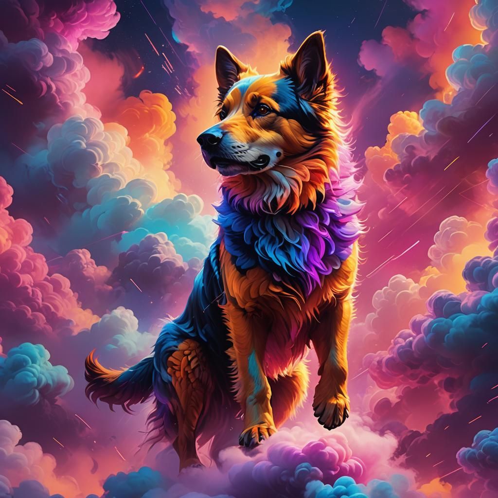 Neon Dog in Ethereal Cloudscape, Digital Matte Painting