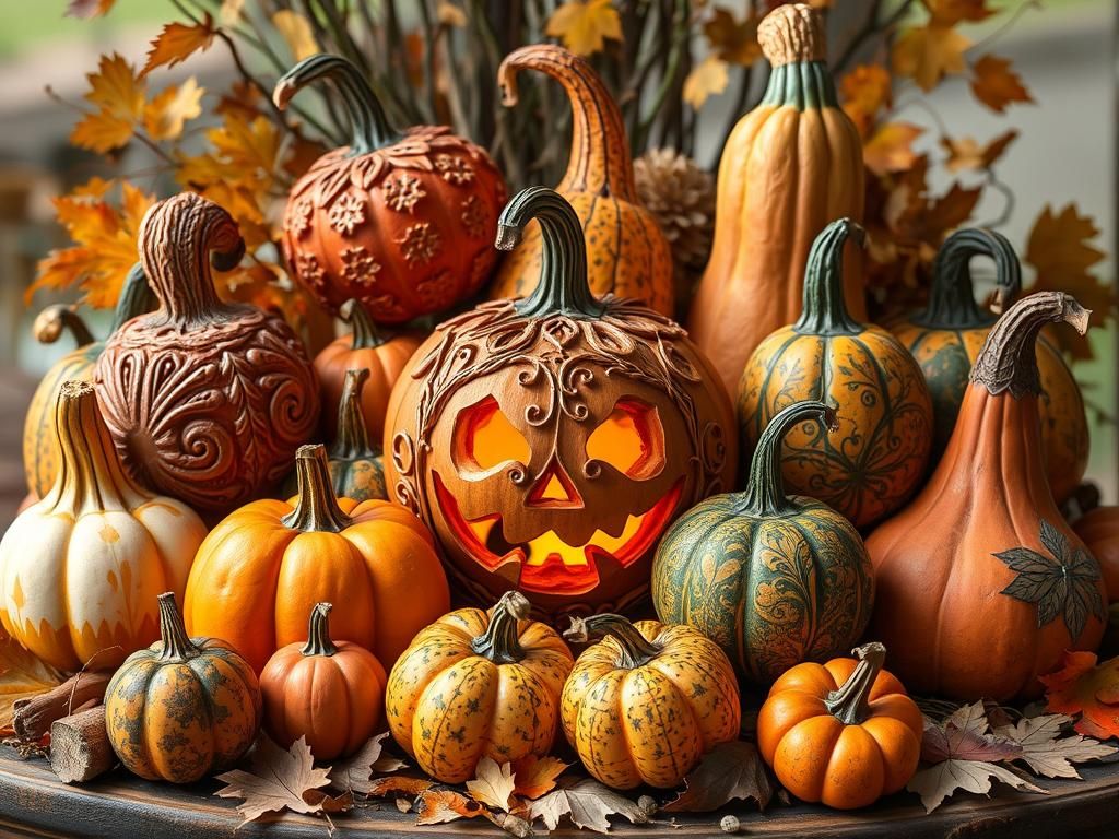Ornate Gourds and Jack-O'-Lanterns in Autumnal Display