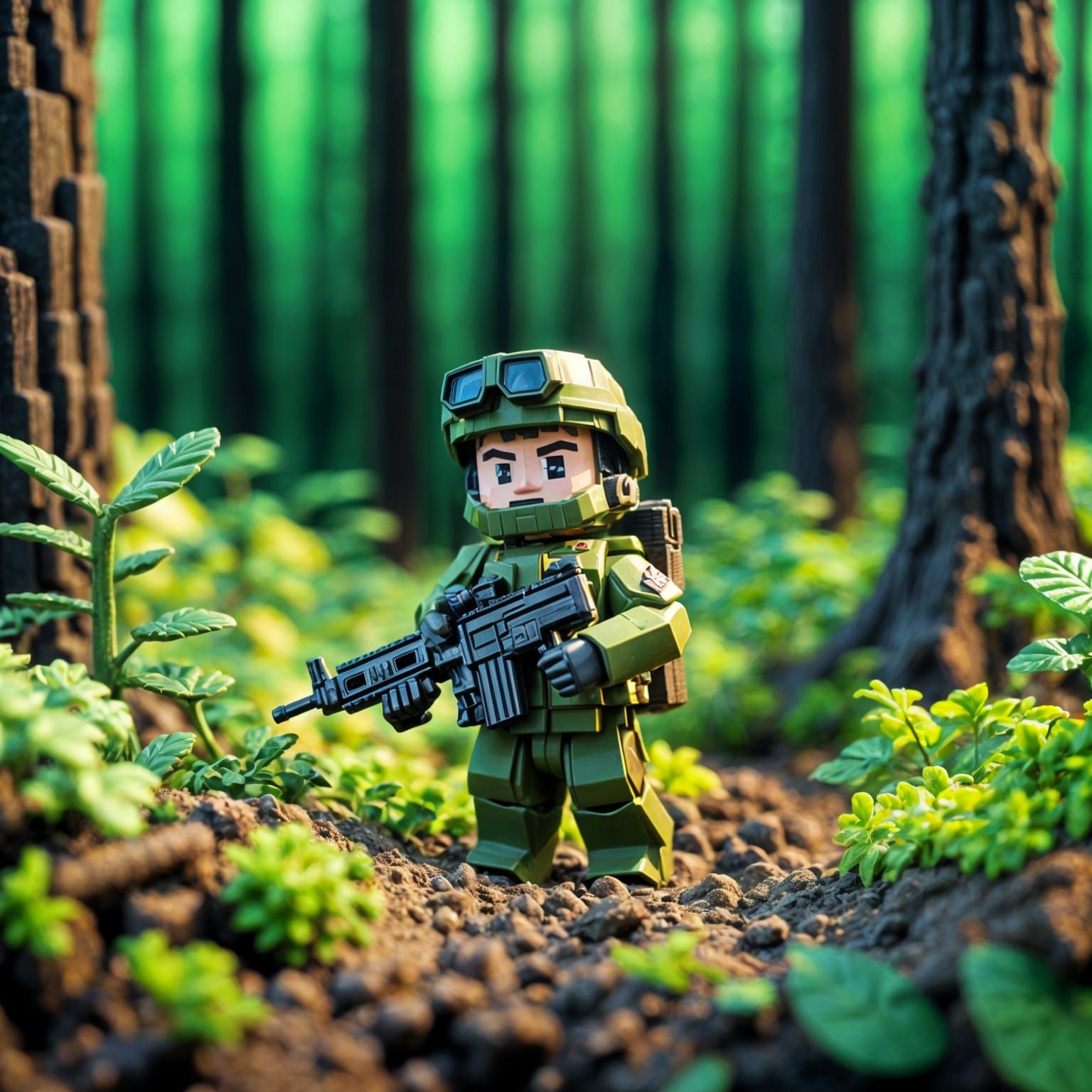 voxel army soilder in forest,close up, micro shot,depth of field, dynamic lighting, 8k resolution concept art,Style voxe...
