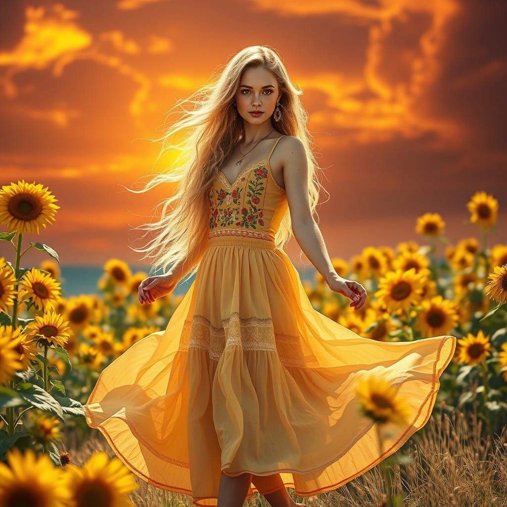 Surreal Hippie Goddess in a 1970s Dream Landscape