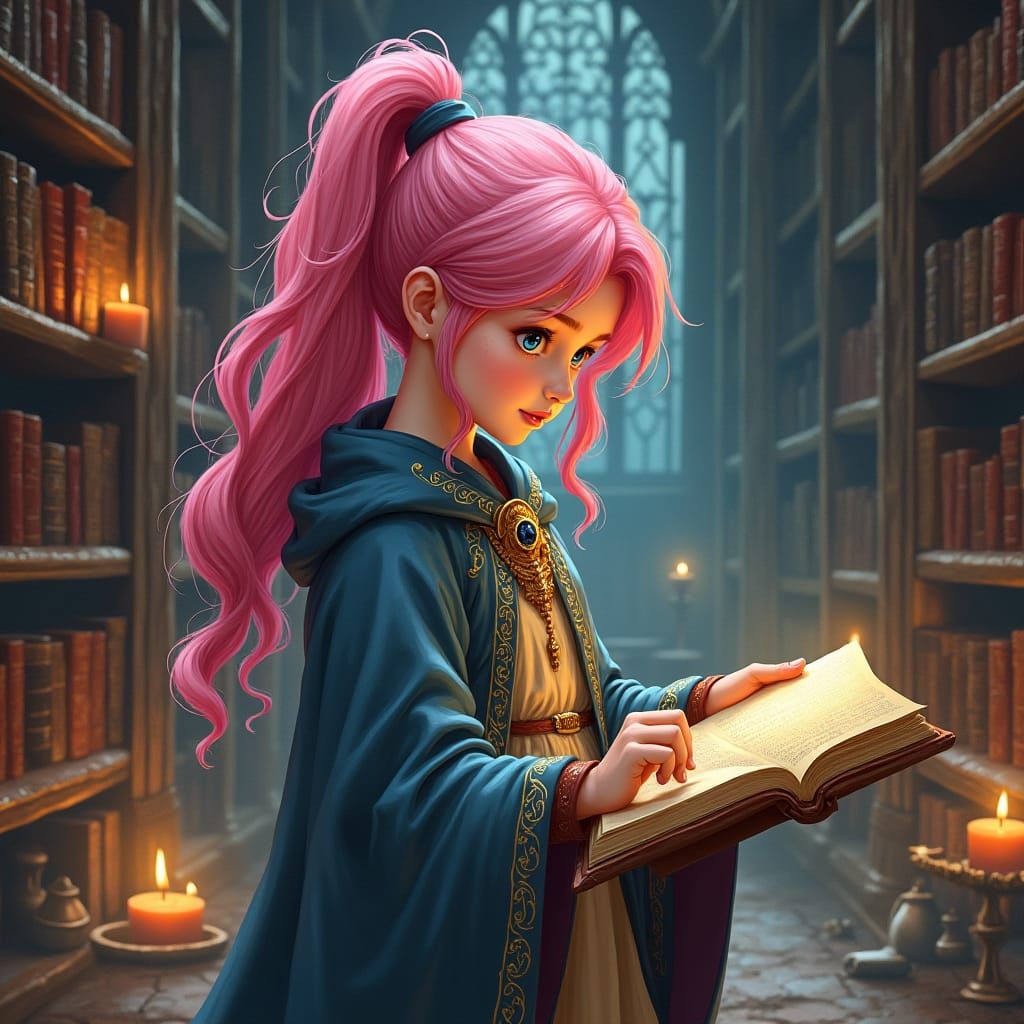 Dreamy Girl Wizard in a Mystical Library