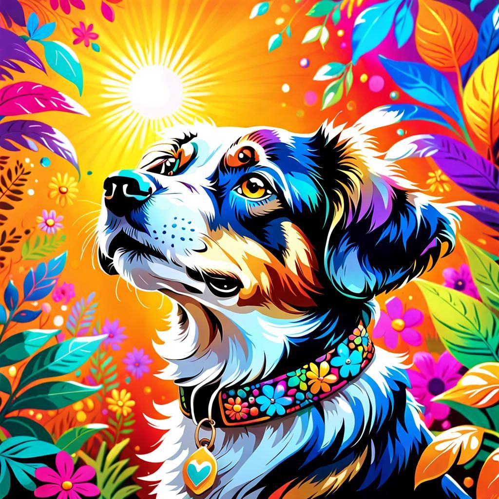 Psychedelic Puppy Portrait in Vibrant Hippie Setting