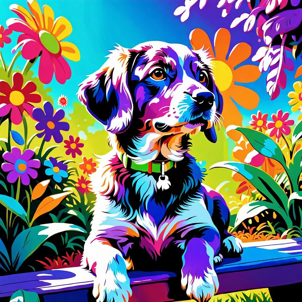 Whimsical Puppy in Psychedelic Garden