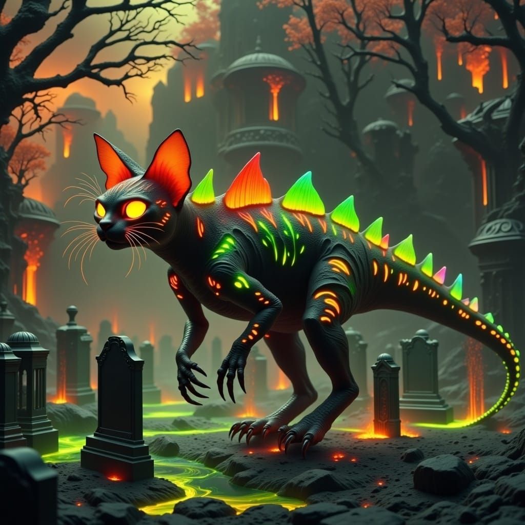 Bioluminescent Cat-Stegosaurus in Halloween Graveyard