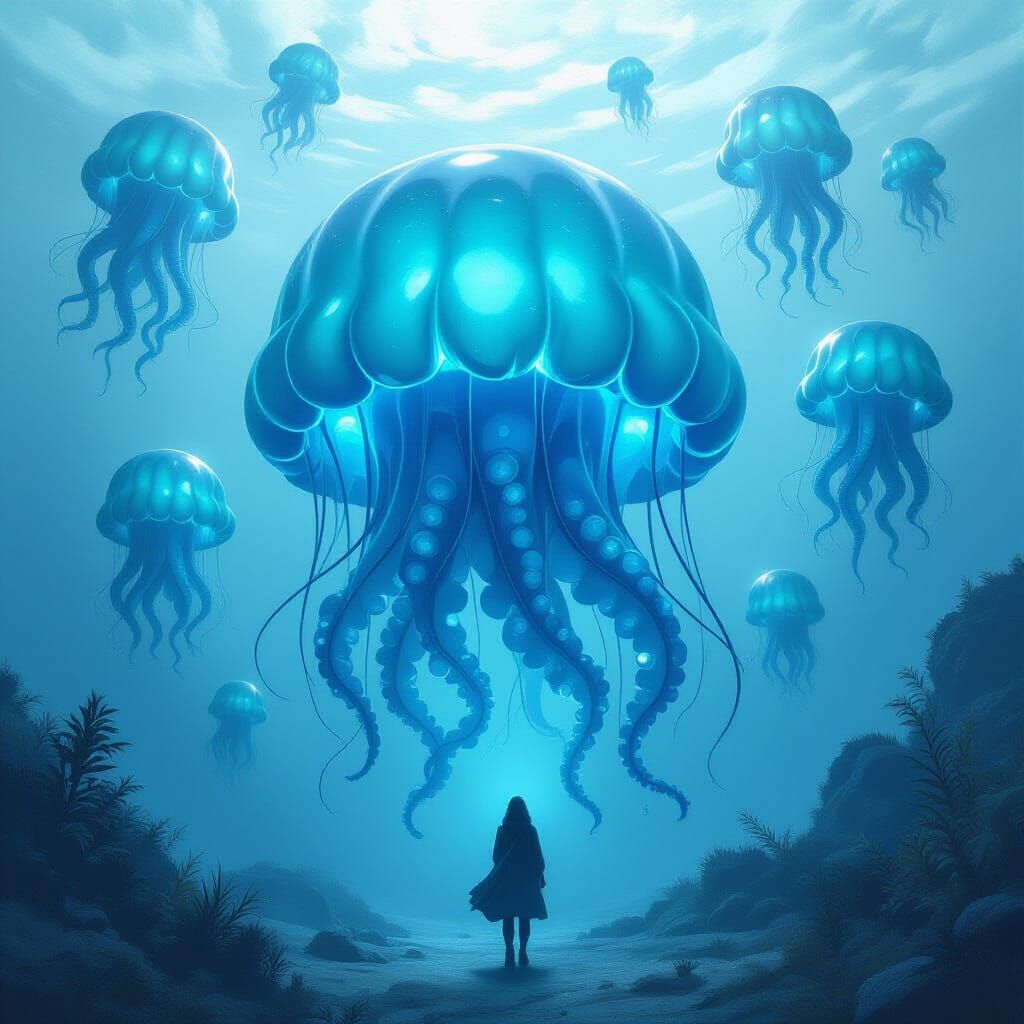 Mystical Bioluminescent Jellyfish in Deep Blue