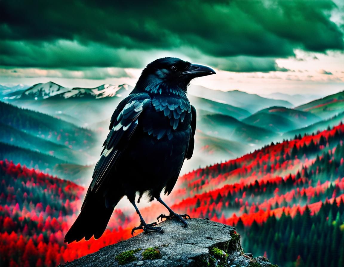 Gothic Crow Double Exposure in Mountain Landscape