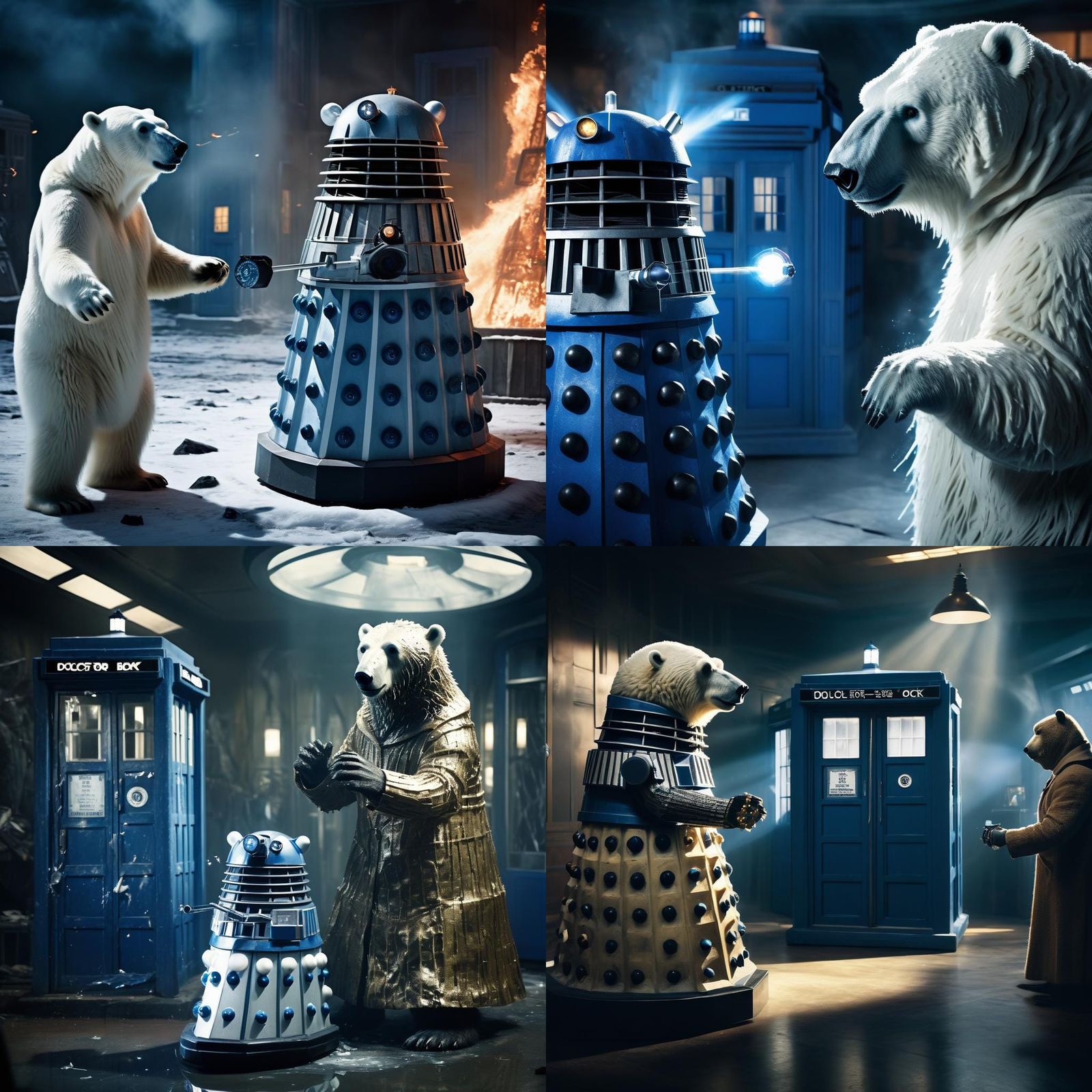 Polar Bear Dalek vs Tardis: Cinematic Film Still