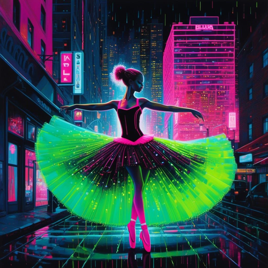 Ballerina Dancing in Neon Cityscape