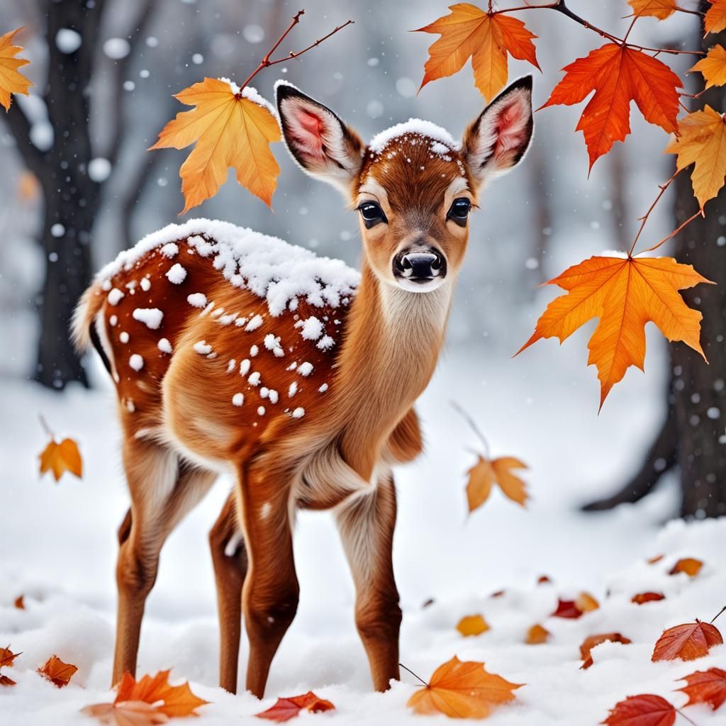 Fawn in Winter Snow: Abstract Art with Autumn Leaves