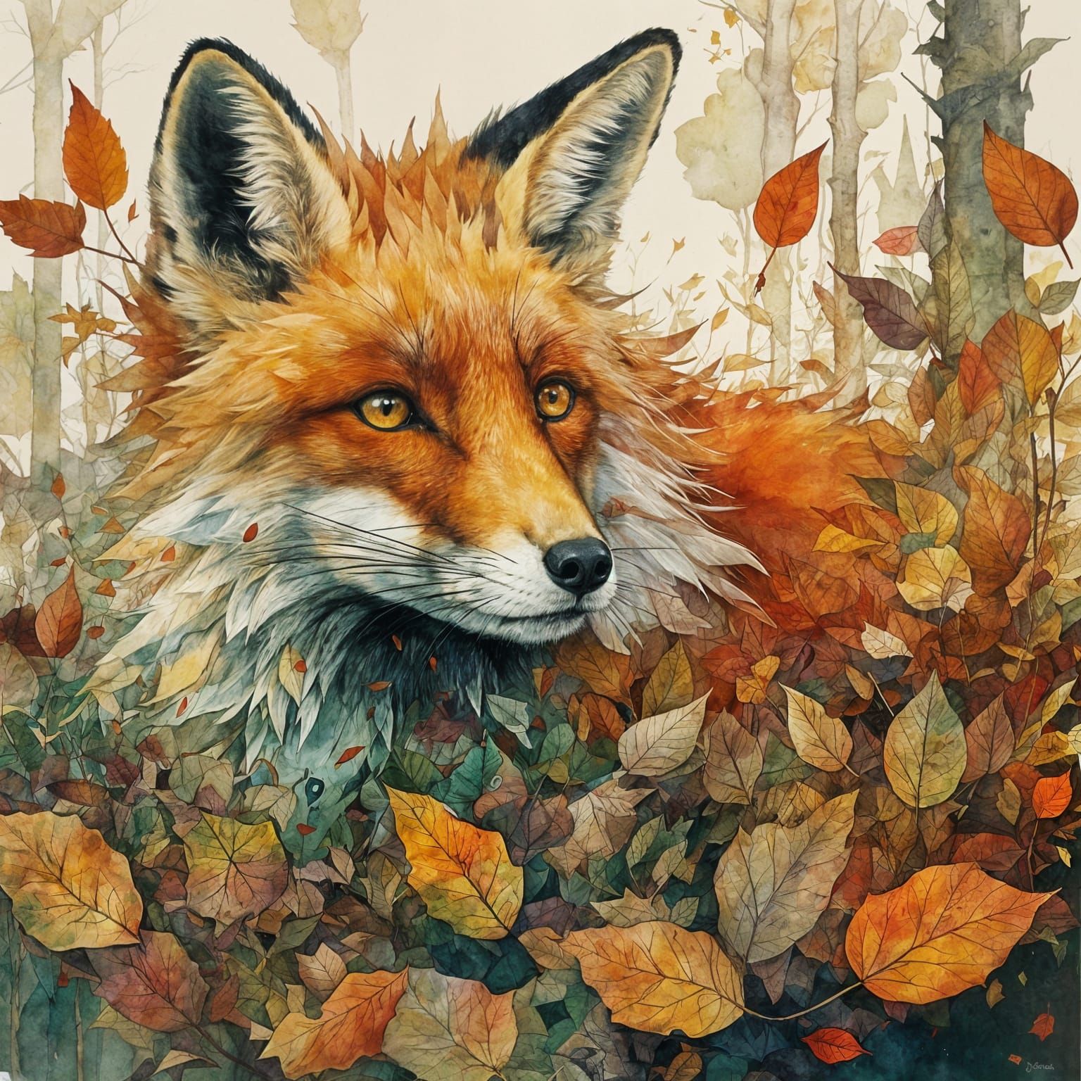 Red Fox in Autumn Leaves Double Exposure Oil Painting