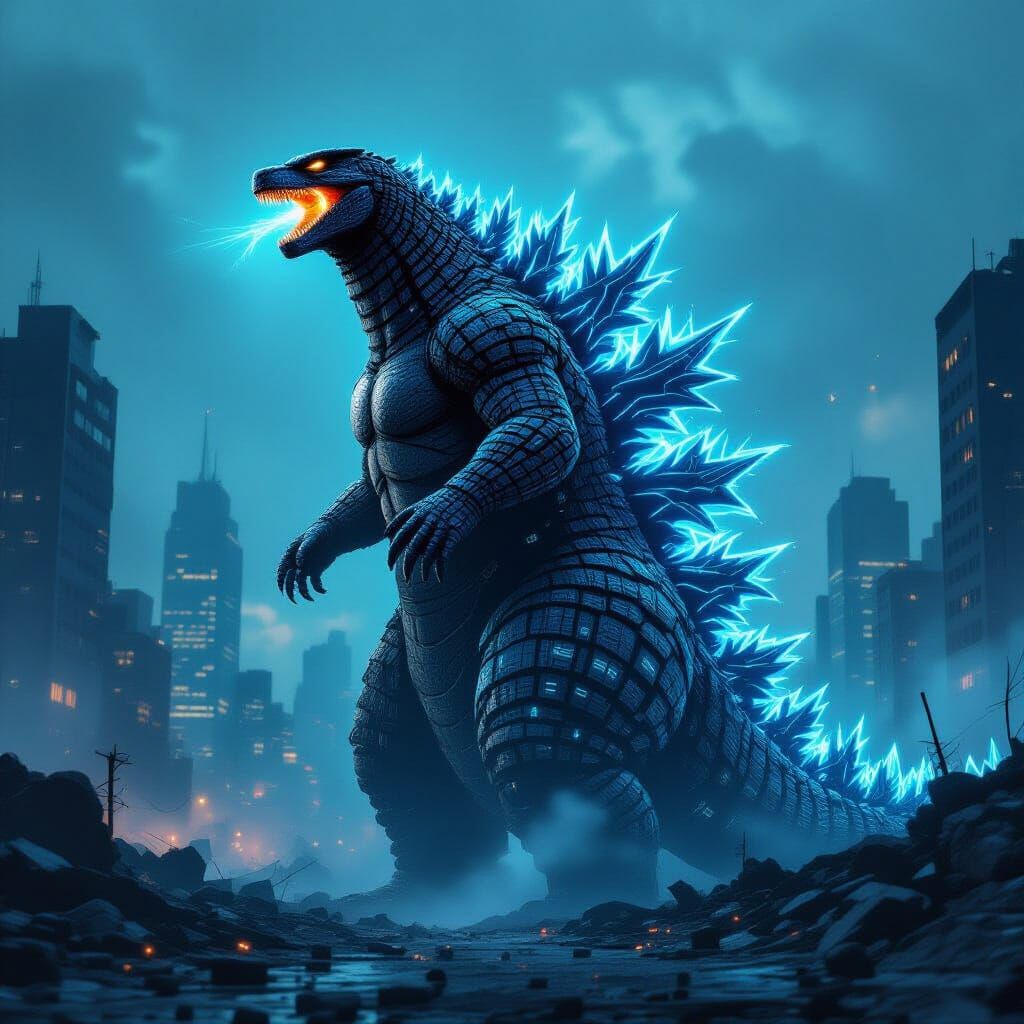 Digital Godzilla Rises in Cyberpunk Cityscape